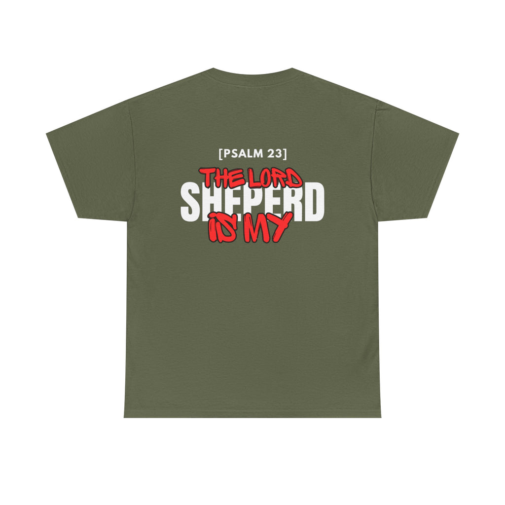 Olive green crewneck T-shirt with multicolor "Psalm 23" "Shepherd is my" graphic on chest