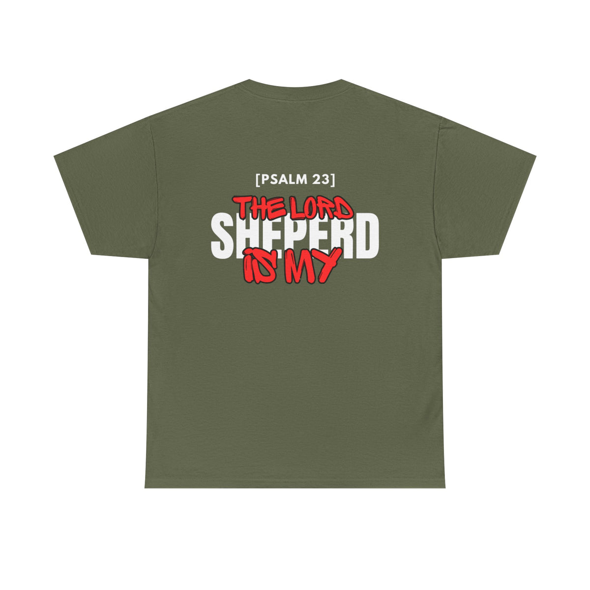 Olive green crewneck T-shirt with multicolor "Psalm 23" "Shepherd is my" graphic on chest