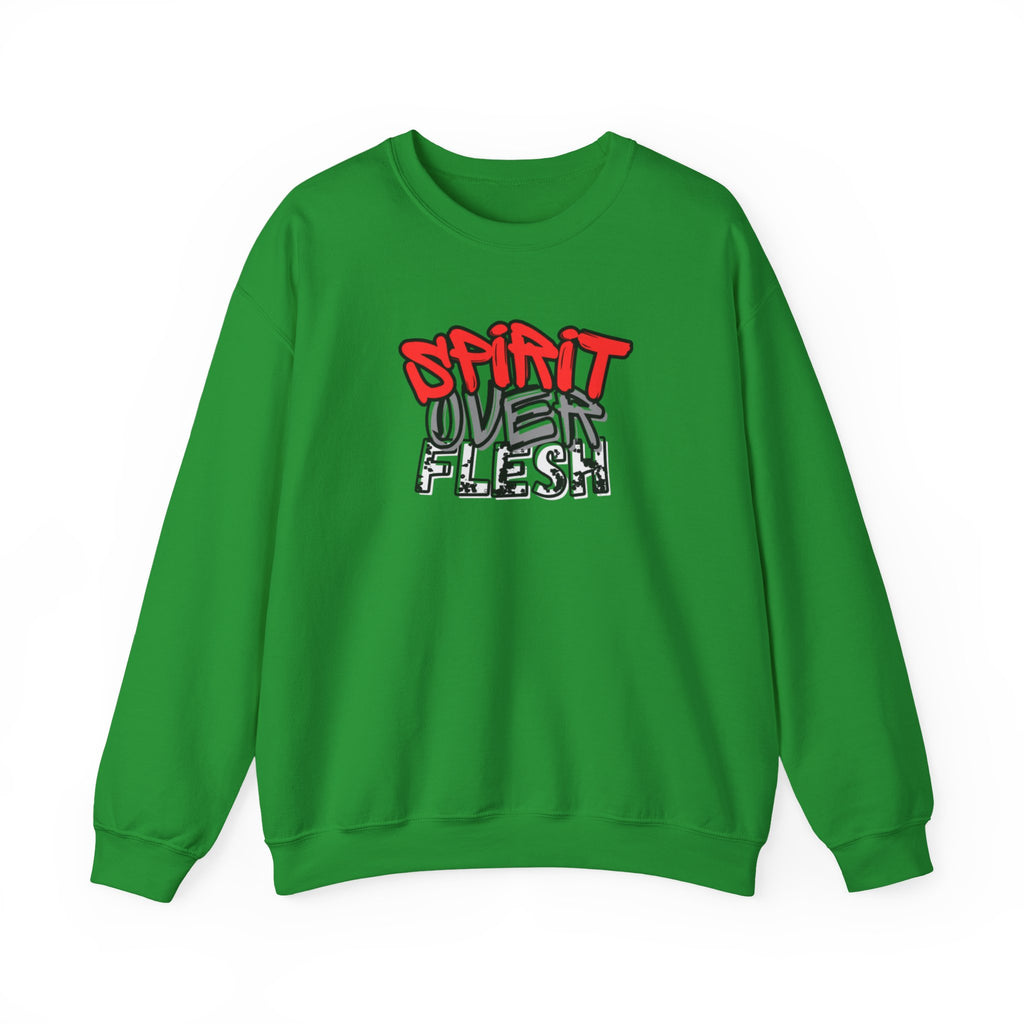 Green crewneck sweater with Spirit Over Flesh graphic print on chest