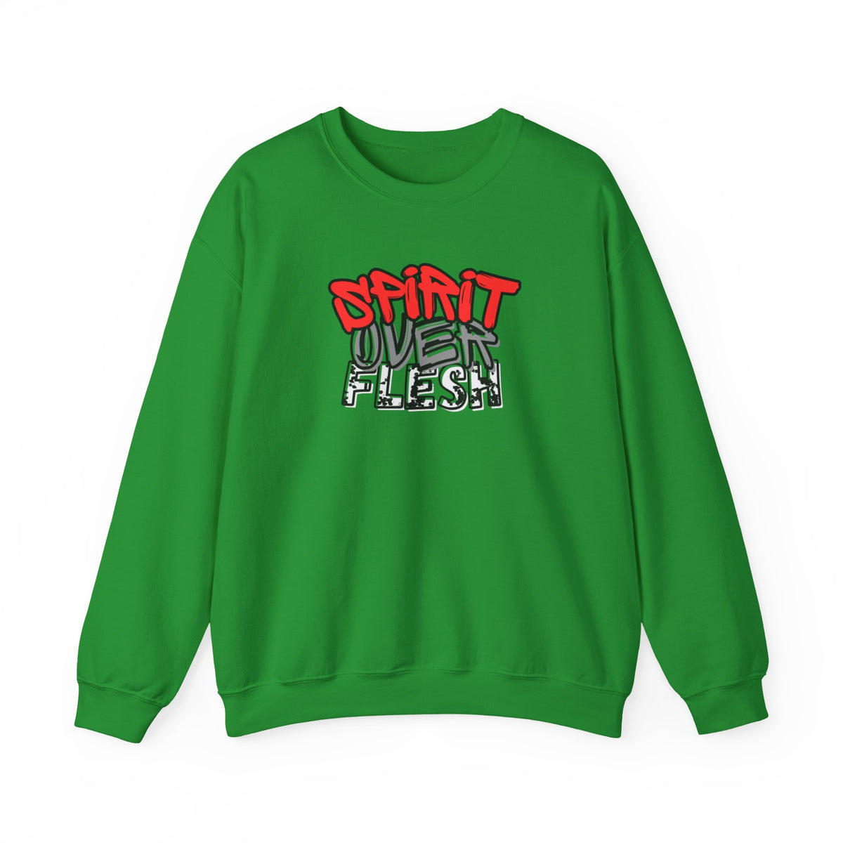 Green crewneck sweater with Spirit Over Flesh graphic print on chest