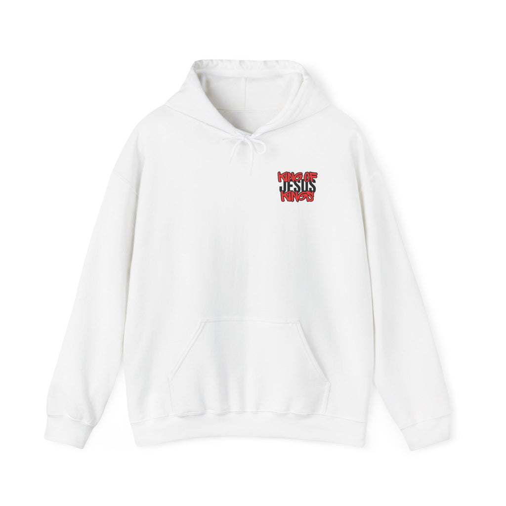 White hoodie with front logo graphic and drawstring hood