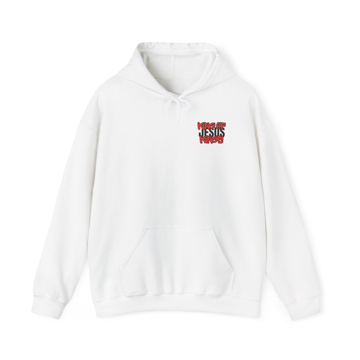 White hoodie with front logo graphic and drawstring hood