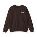 Dark brown crewneck sweater with long sleeves and AMN+ logo on chest