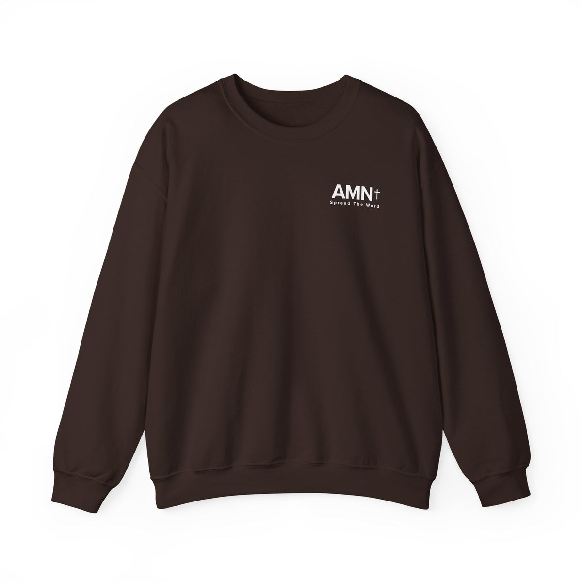 Dark brown crewneck sweater with long sleeves and AMN+ logo on chest