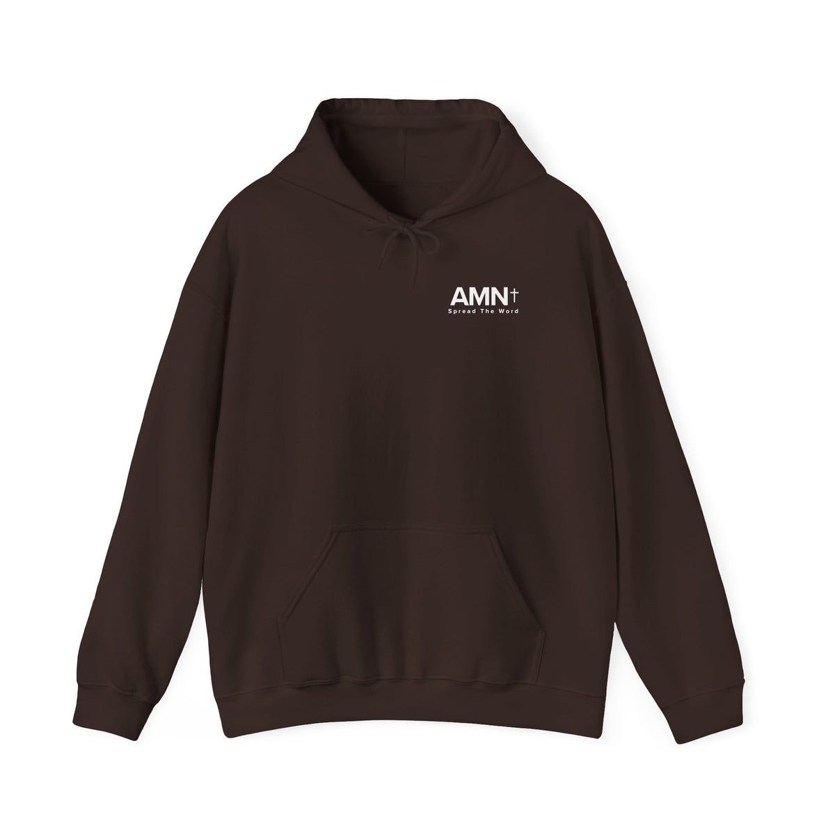 Dark chocolate pullover hoodie with drawstring hood, kangaroo pocket, and AMN+ chest logo.