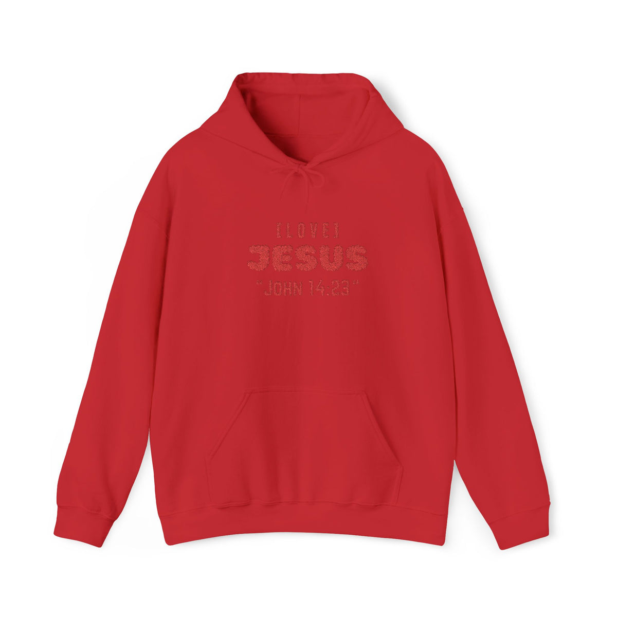 Red hoodie with front pocket and red 'LOVE JESUS' text