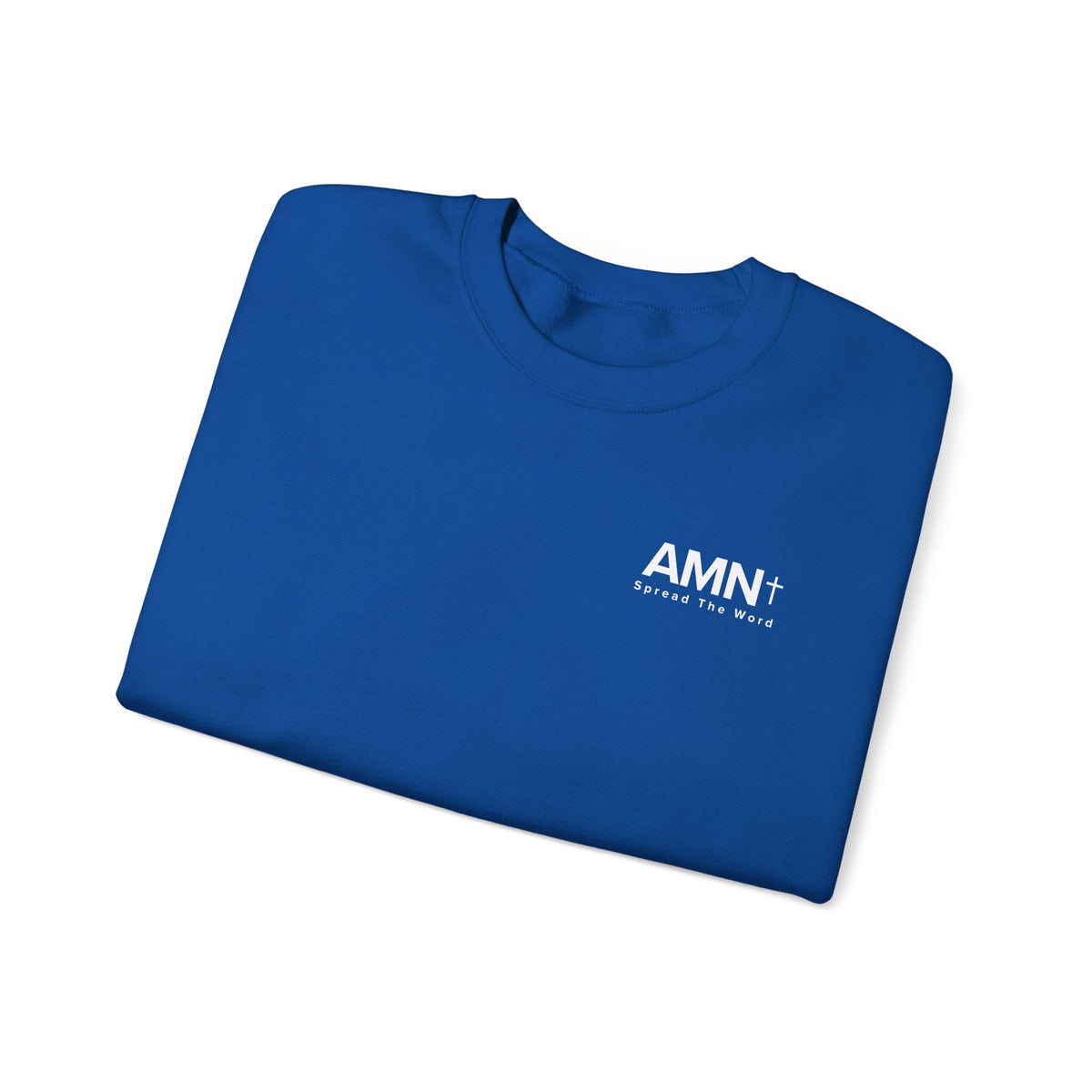 Royal blue crewneck sweater folded with AMN+ logo on the front.