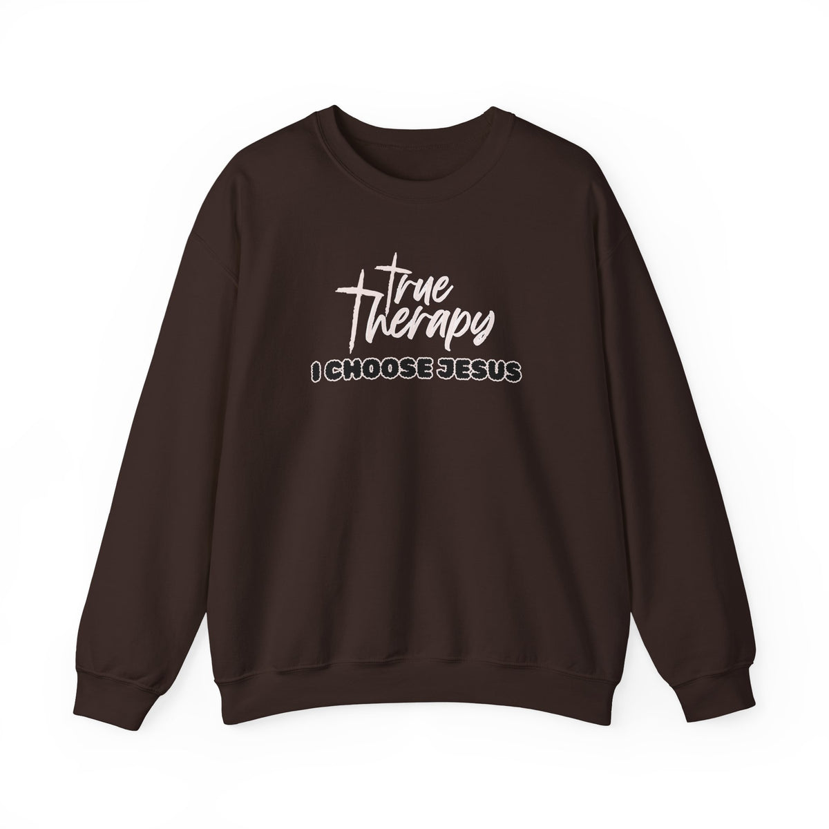 Dark brown crewneck sweater with long sleeves and front graphic print