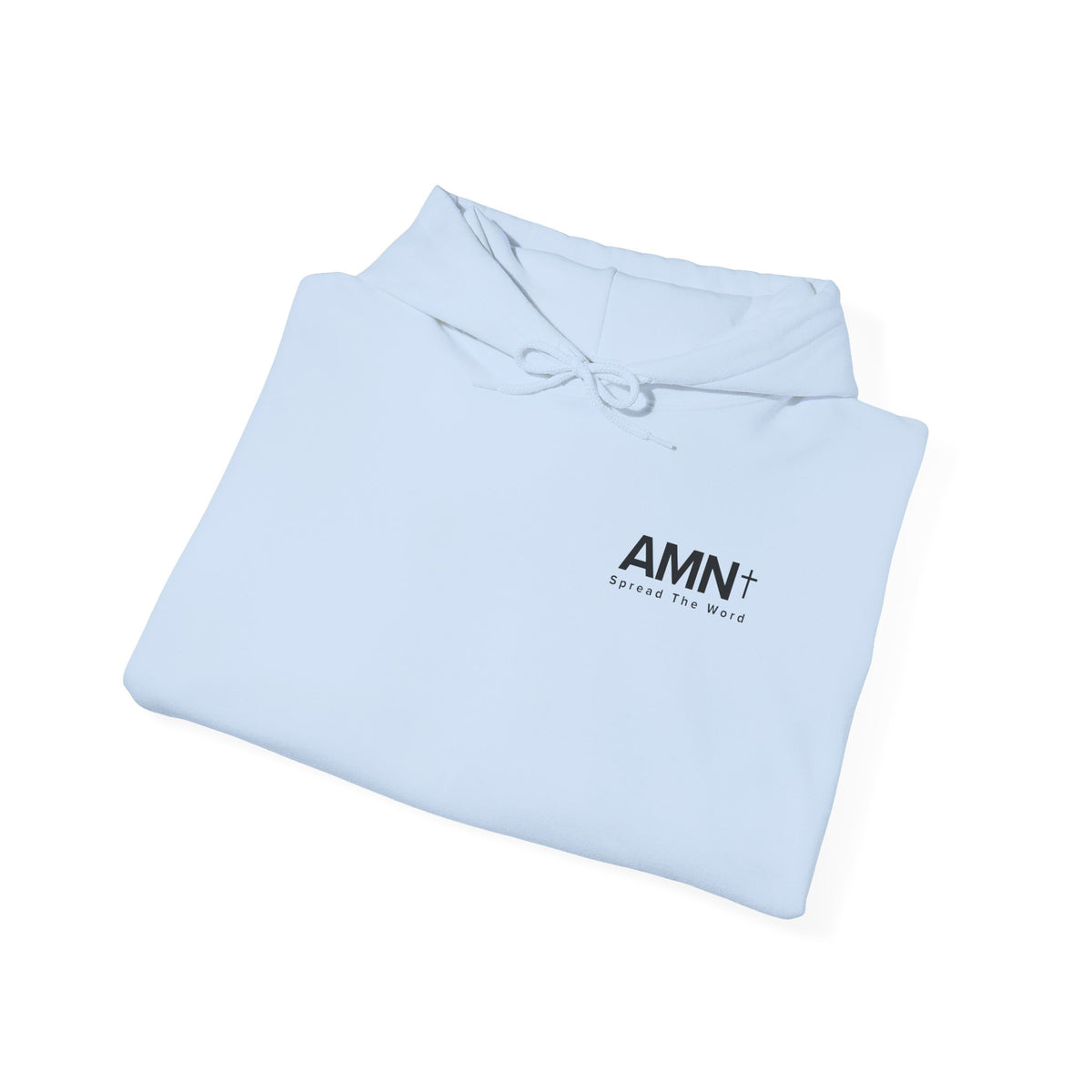 Light blue pullover hoodie with AMN logo on front and hood drawstring