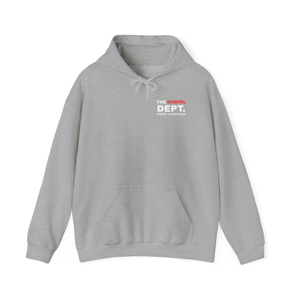Gospel Dept. hoodie, gray, front view with hood, pouch pocket, and logo print