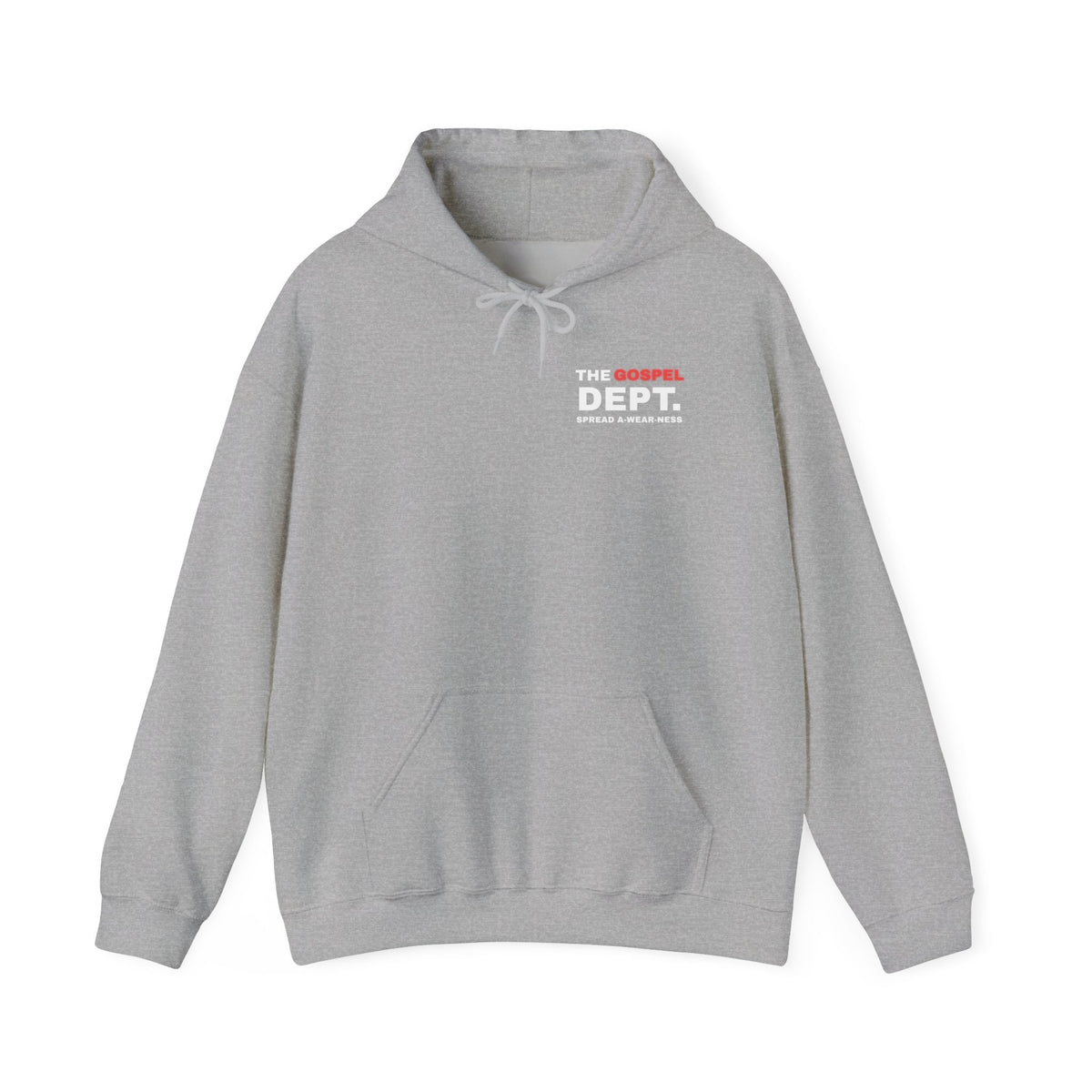 Gospel Dept. hoodie, gray, front view with hood, pouch pocket, and logo print