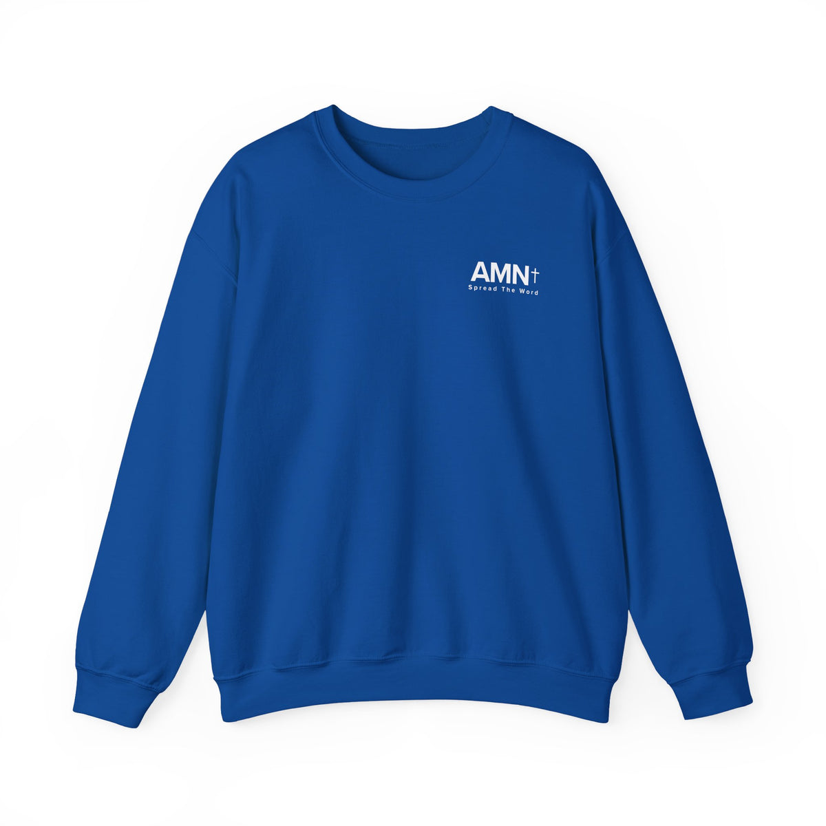 Blue crewneck sweater with long sleeves and AMN+ logo on the chest