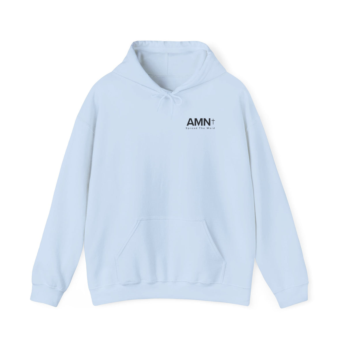Light blue pullover hoodie with front pouch pocket and drawstring hood, AMN+ logo.