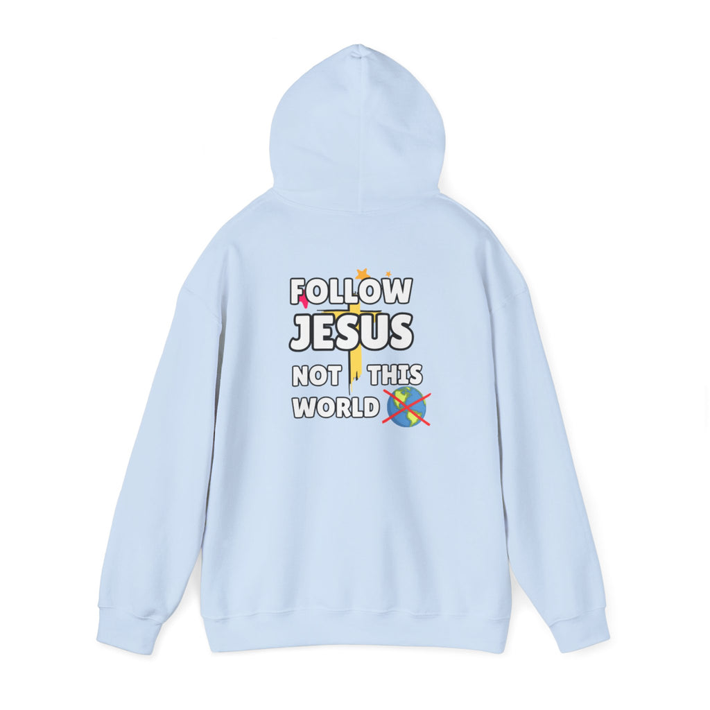 Light blue hoodie with 'Follow Jesus' back print