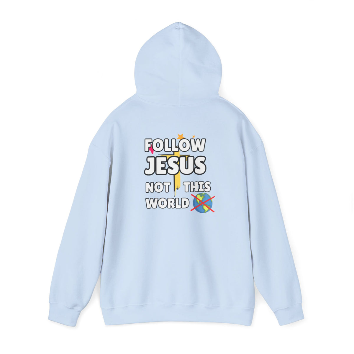 Light blue hoodie with 'Follow Jesus' back print