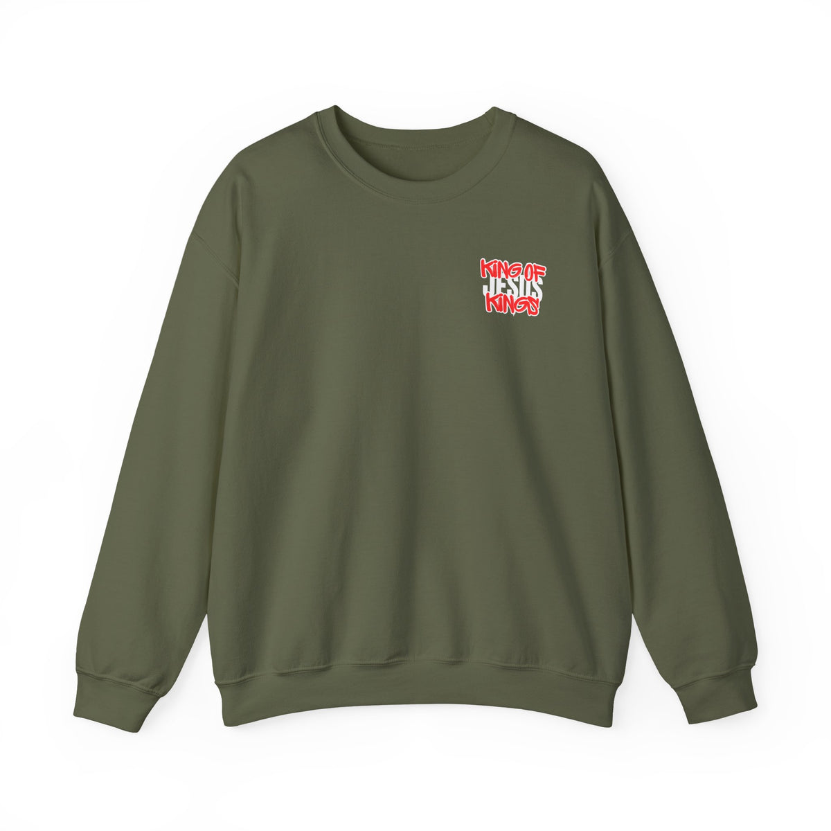 Olive green crewneck sweater with small chest graphic text in red