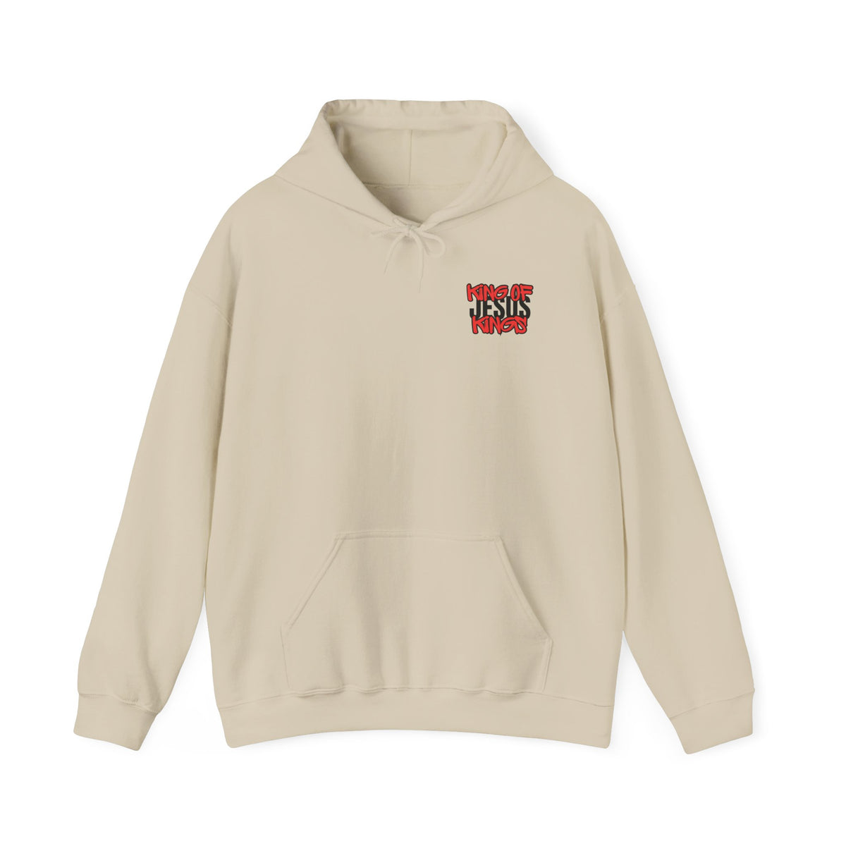 Beige hoodie with drawstring hood, kangaroo pocket, and small red chest text graphic