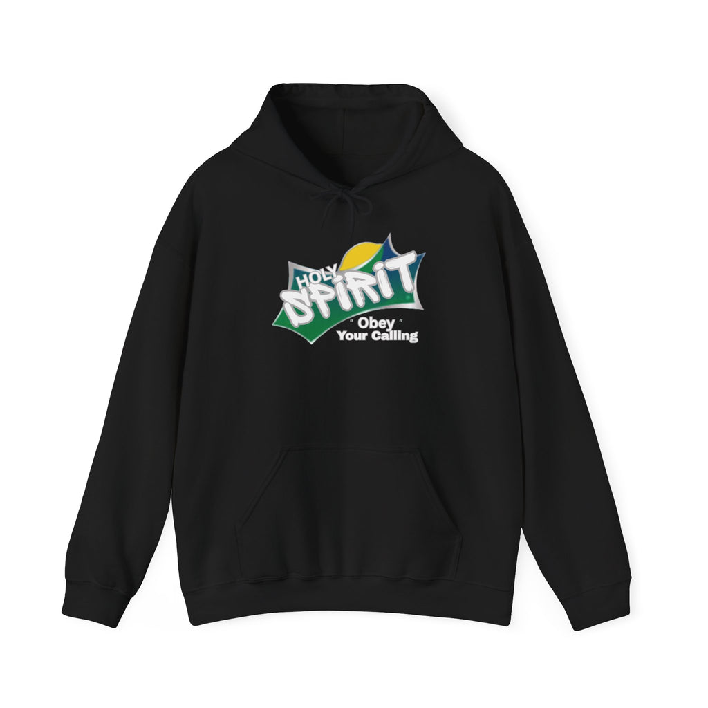 Black pullover hoodie with front pouch pocket, drawstring hood, and Spirit logo graphic