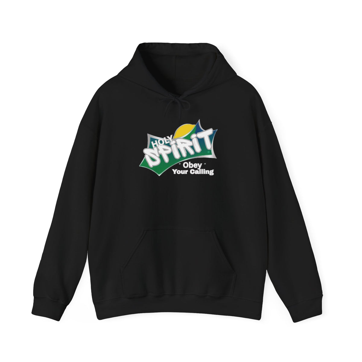 Black pullover hoodie with front pouch pocket, drawstring hood, and Spirit logo graphic