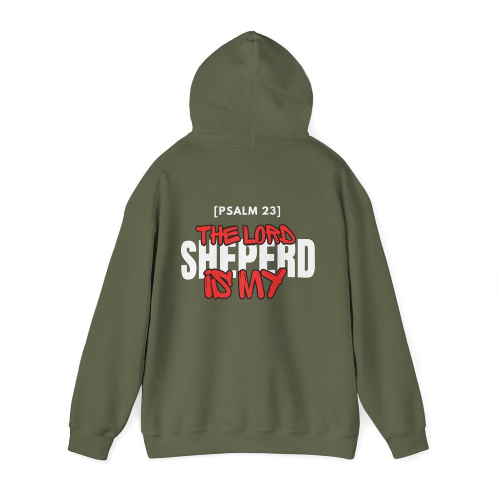 Olive green hoodie with centered back print: '[PSALM 23] THE LORD SHEPHERD IS MY'