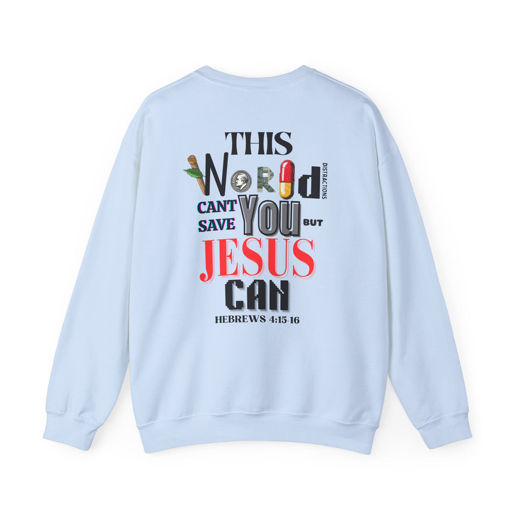 Light blue crewneck sweater with large back graphic print
