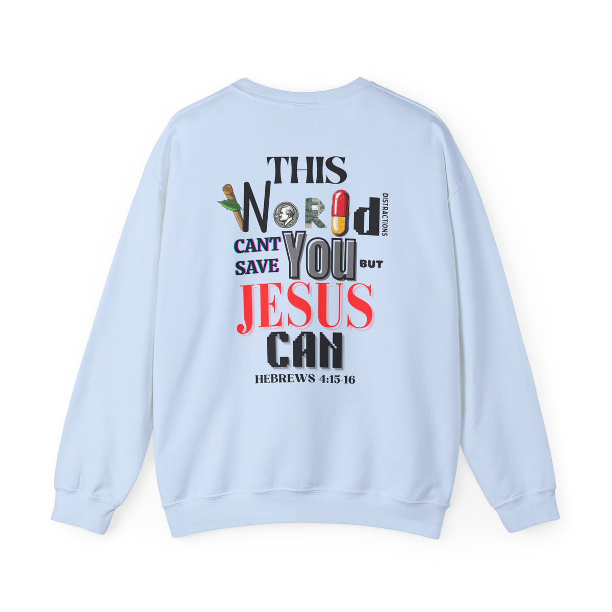Light blue crewneck sweater with large back graphic print