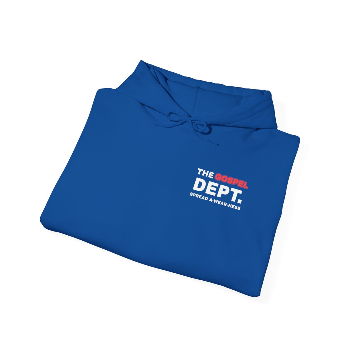 Gospel Dept. hoodie, royal blue, folded view with hood, pouch pocket, and logo print