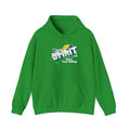 Green pullover hoodie with front pouch pocket, drawstring hood, and Spirit logo graphic