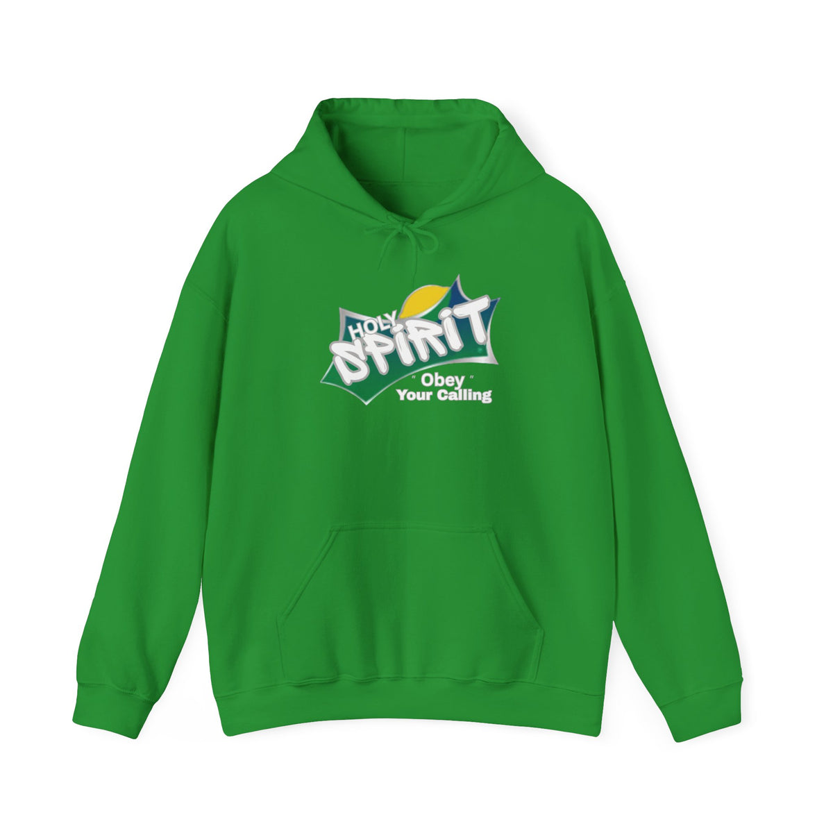 Green pullover hoodie with front pouch pocket, drawstring hood, and Spirit logo graphic