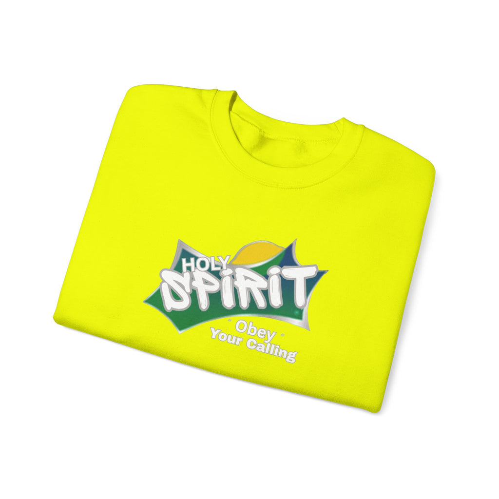 Neon yellow long-sleeve crew sweatshirt with multicolor “Holy Spirit” logo
