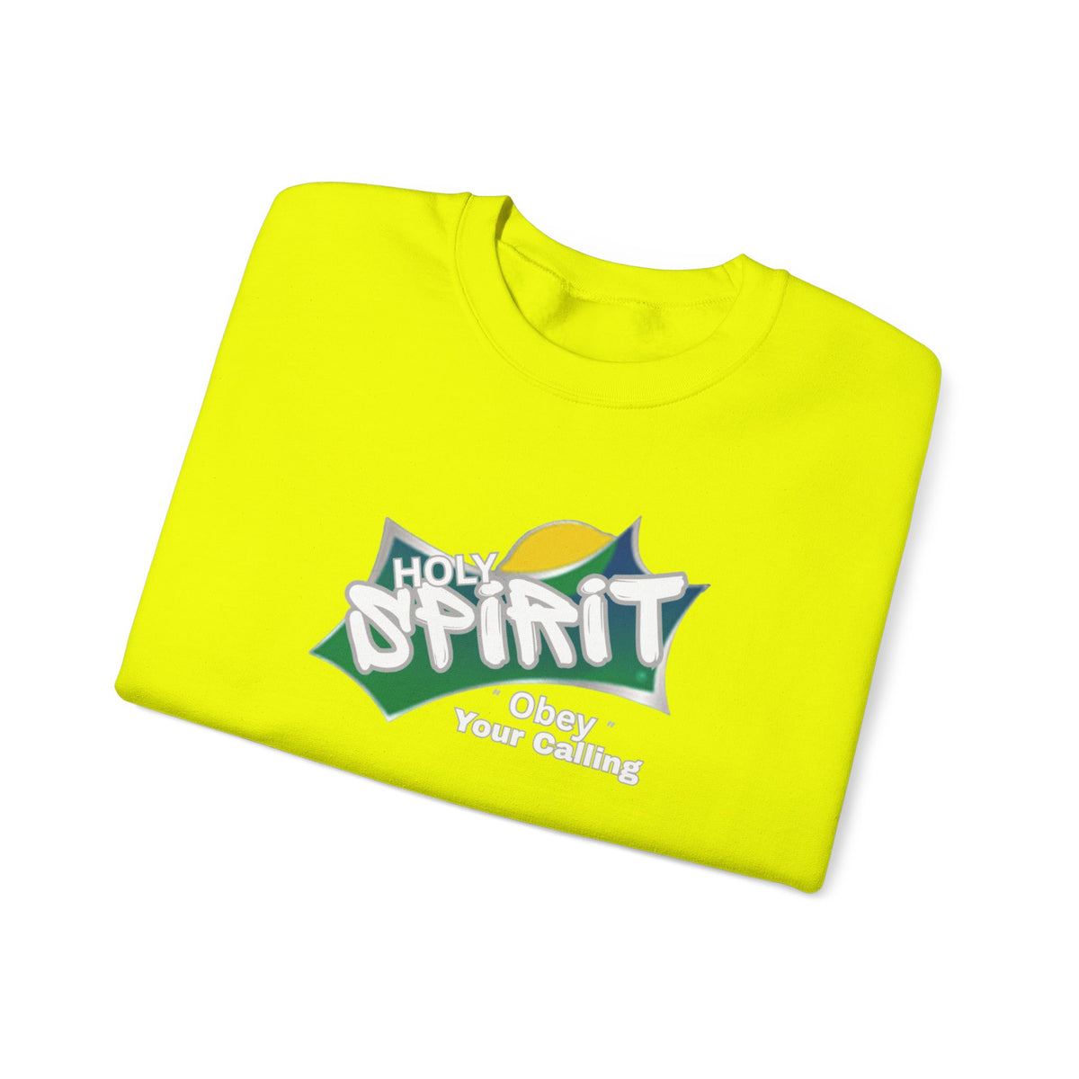 Neon yellow long-sleeve crew sweatshirt with multicolor “Holy Spirit” logo