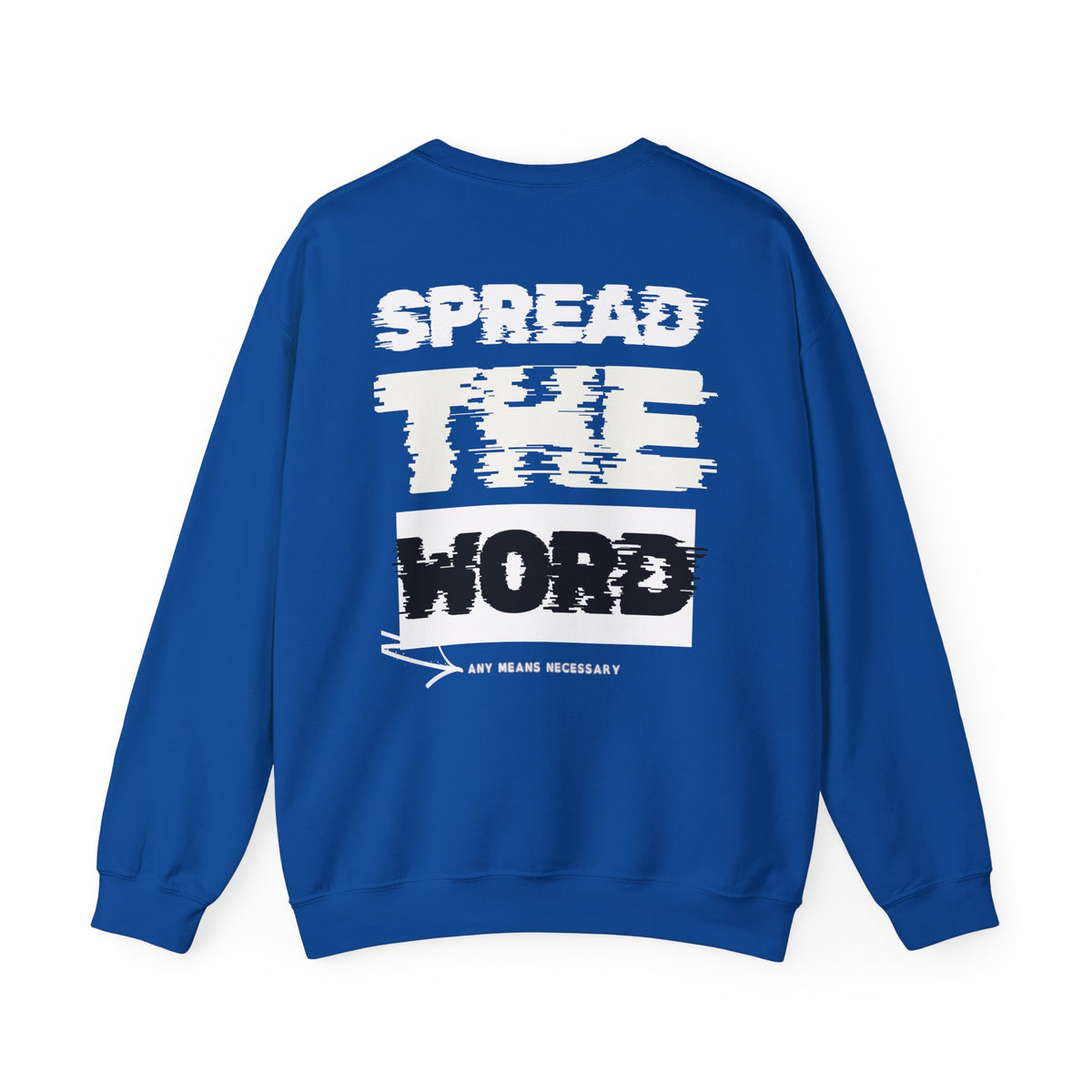 Royal blue crewneck sweatshirt with large back graphic text