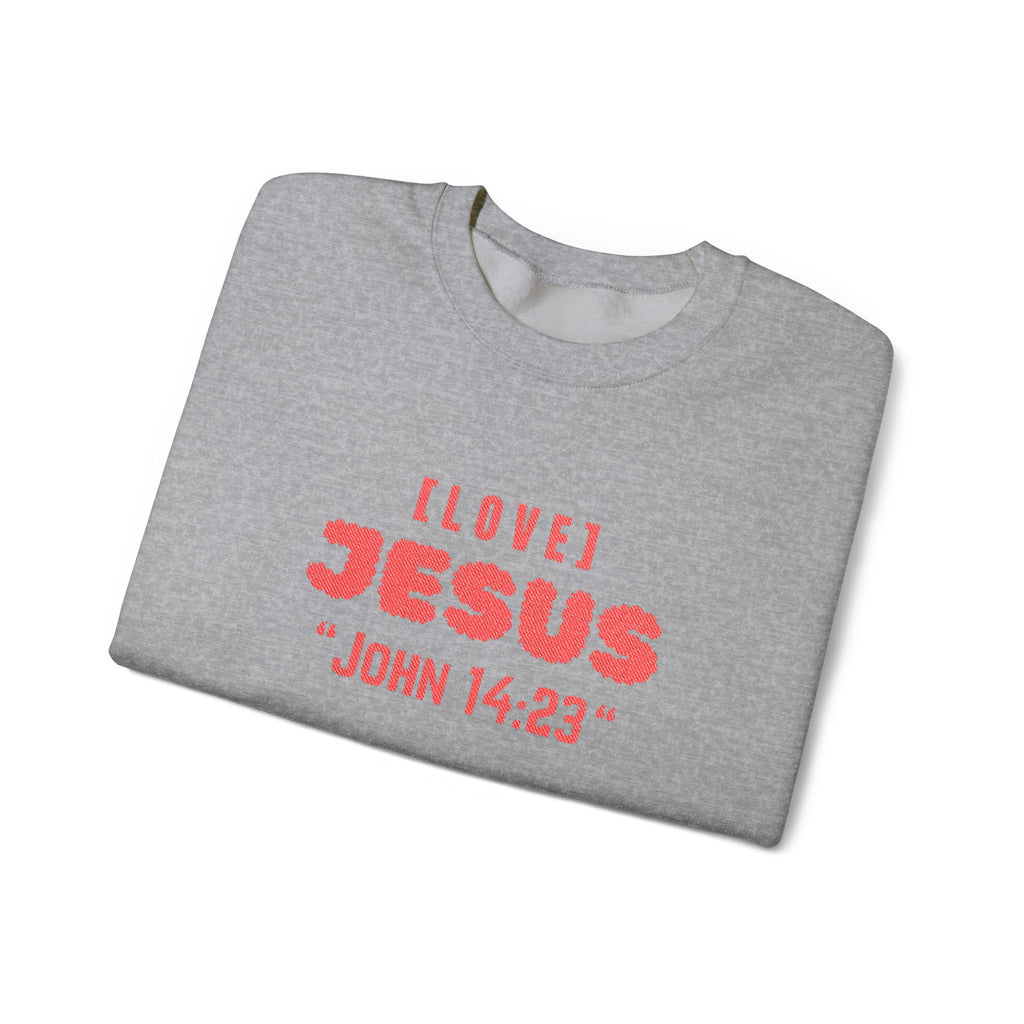 Sport grey crewneck sweater with “I LOVE JЕSUS” and “JOHN 14:23” graphic