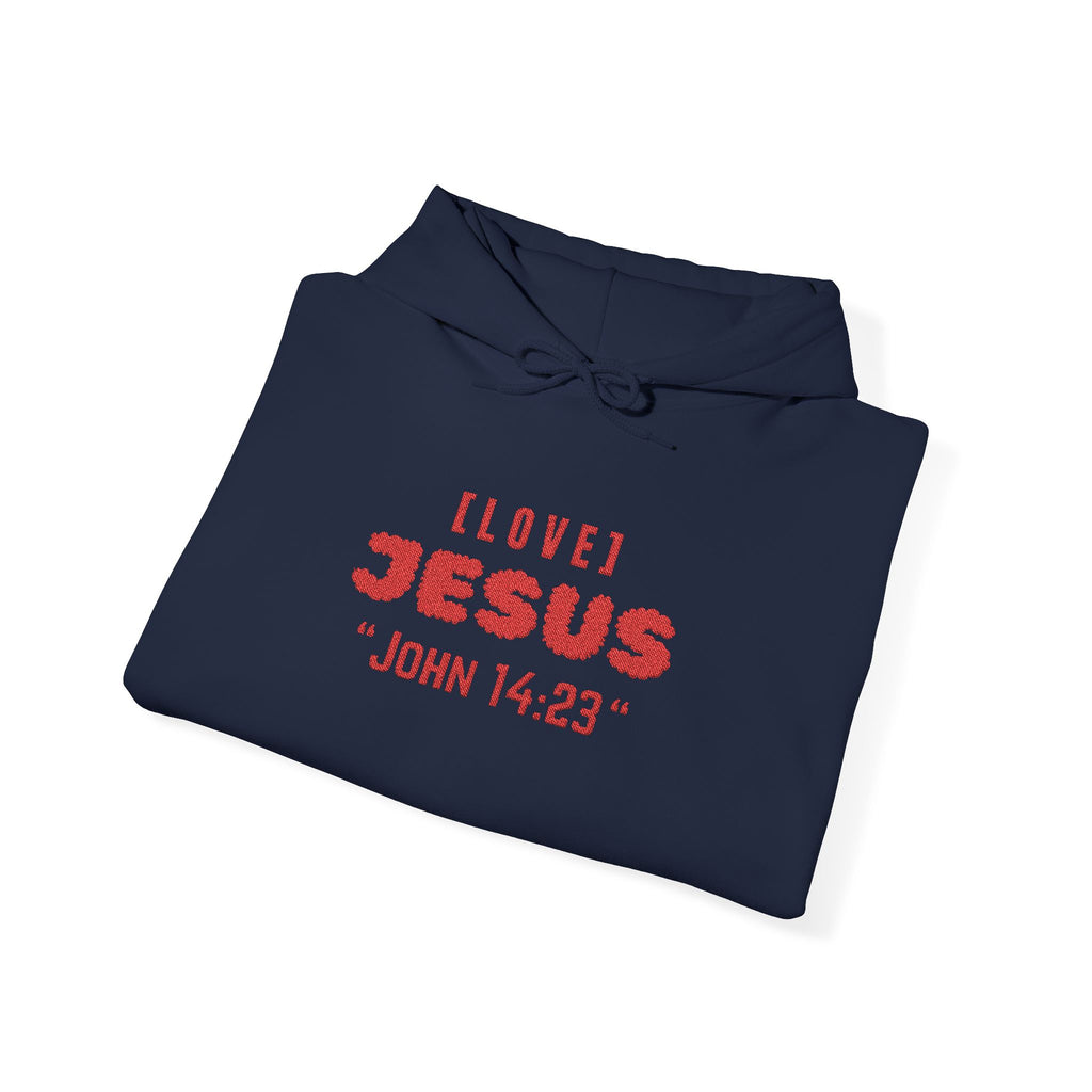 Navy hoodie with red "I LOVE JESUS" and "JOHN 14:23" text, front pouch, drawstring hood.