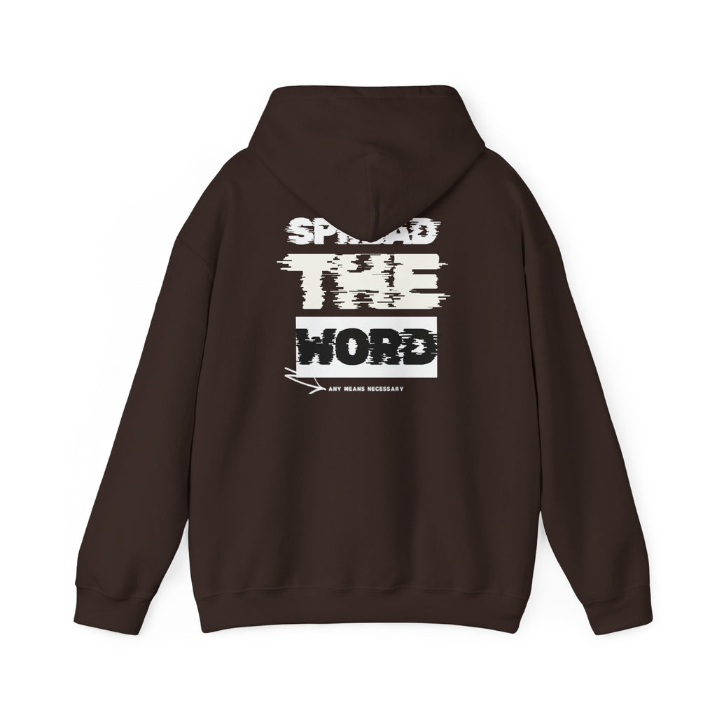 Dark brown pullover hoodie with hood and large front graphic text print