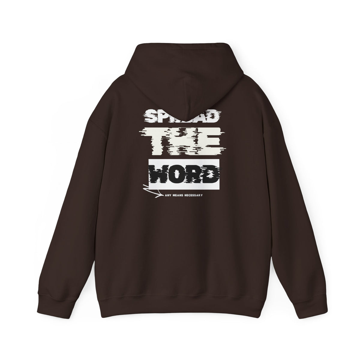 Dark brown pullover hoodie with hood and large front graphic text print