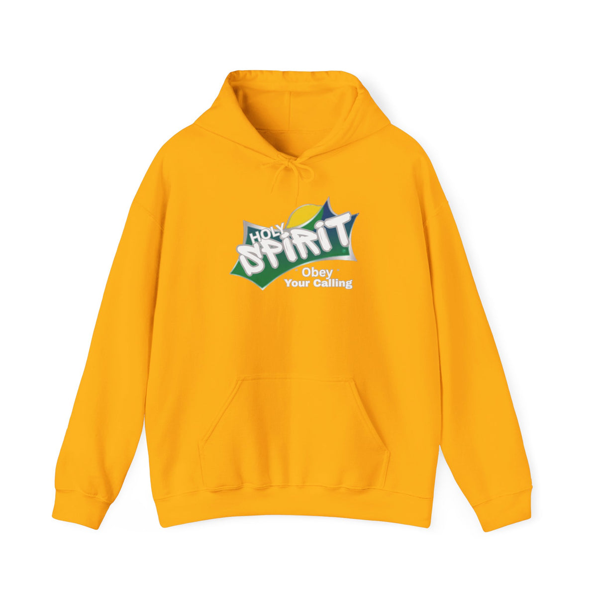 Gold pullover hoodie with front pouch pocket, drawstring hood, and Spirit logo graphic
