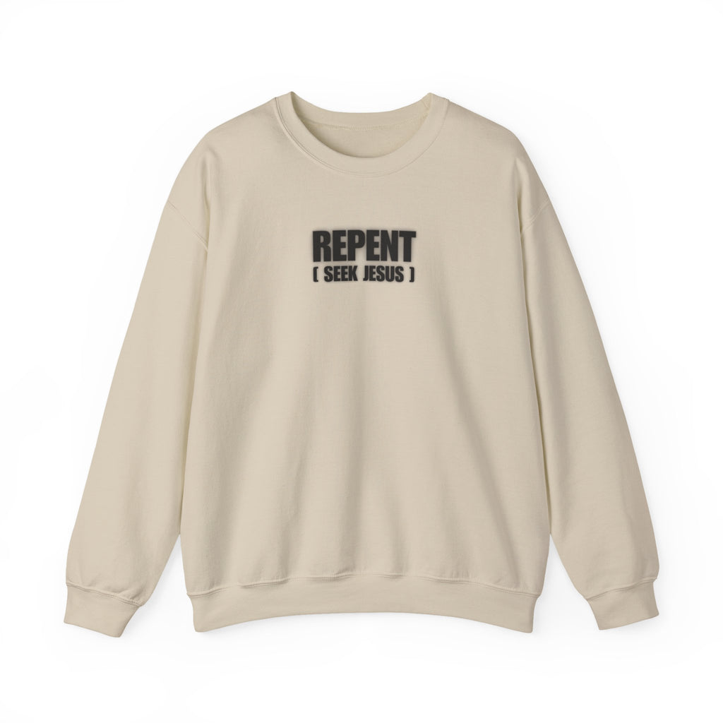 Beige crewneck sweater with front text logo reading “REPENT I SEEK JESUS”