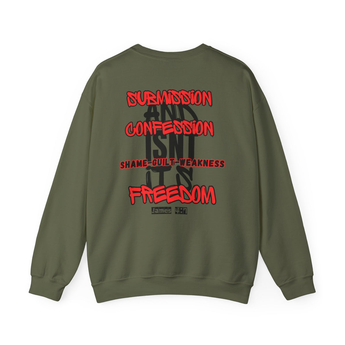 Olive green sweater with colorful back graphic and stacked text