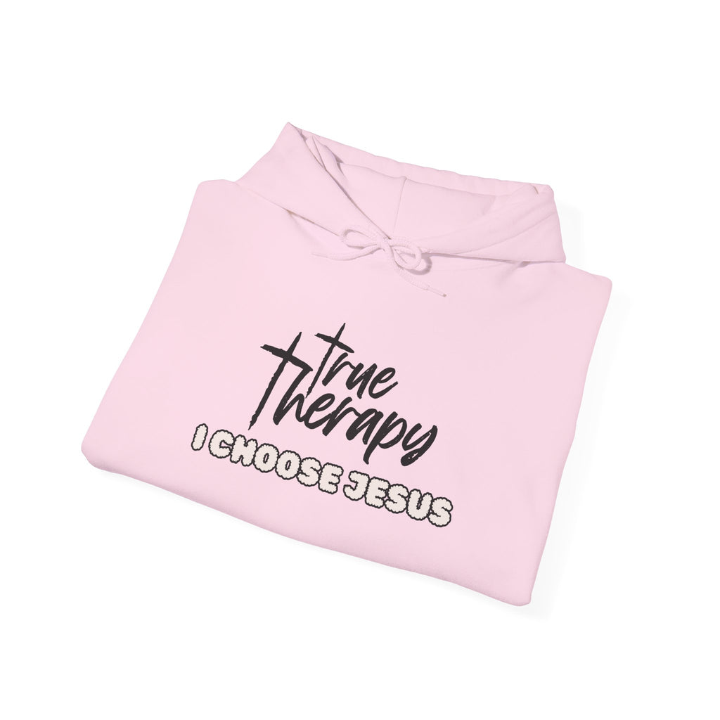 Light pink hoodie with hood and kangaroo pocket, 'True Therapy Chooses Jesus' front graphic