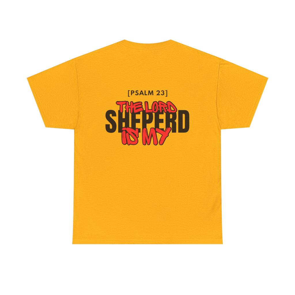 Yellow T-shirt with Psalm 23 "The Lord Shepherd is my" graphic