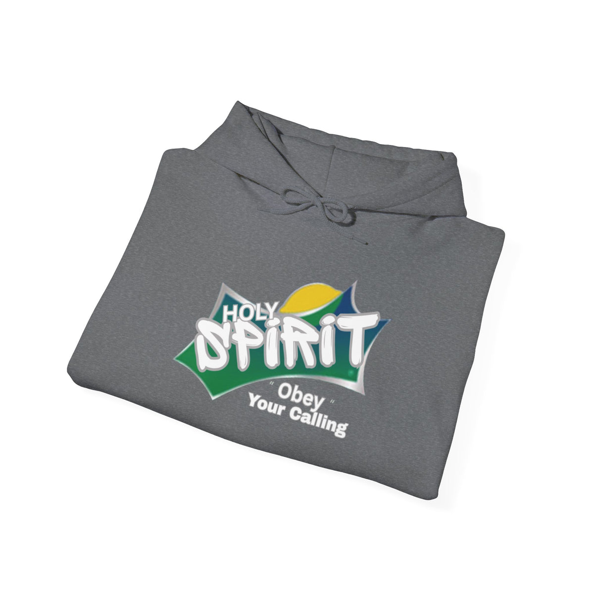 Gray heather hoodie with front graphic and drawstring hood