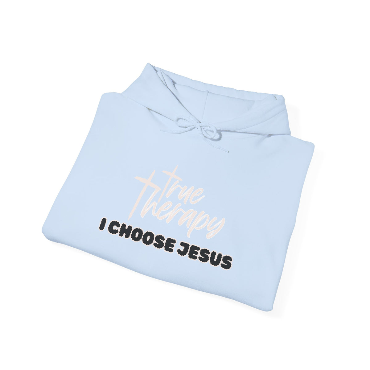 Light blue hoodie with drawstring hood and “I choose Jesus” front graphic