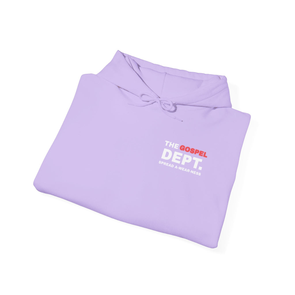 Purple hoodie folded with hood, drawstring, and "THE GOSPEL DEPT" chest logo.
