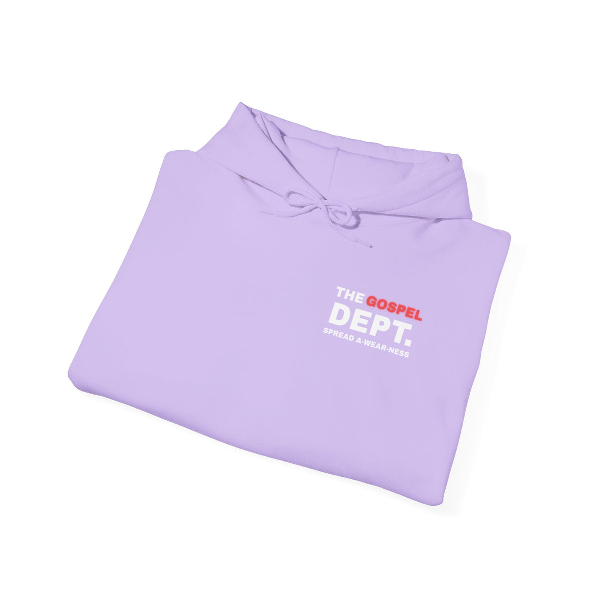 Purple hoodie folded with hood, drawstring, and "THE GOSPEL DEPT" chest logo.