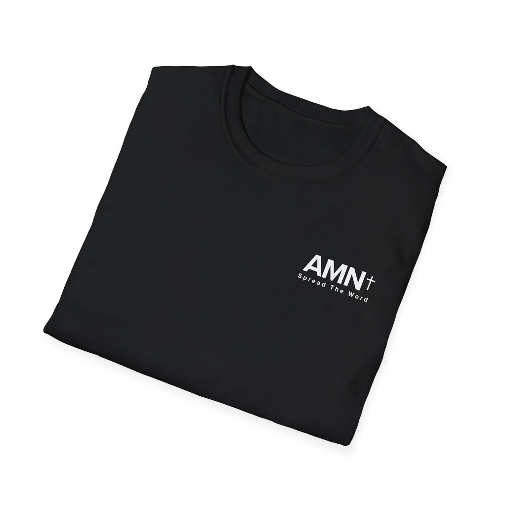 Black T-shirt with small AMN+ logo on the chest