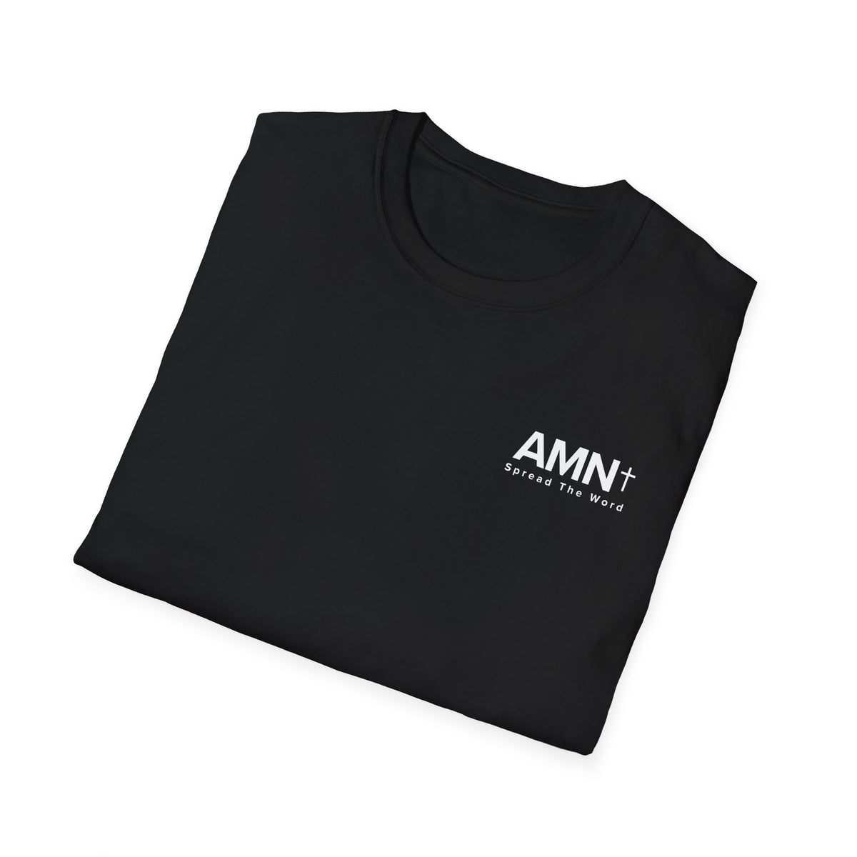 Black T-shirt with small AMN+ logo on the chest