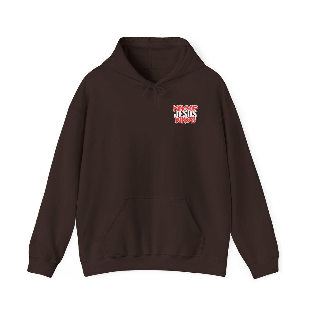 Dark brown hoodie with drawstring hood, kangaroo pocket, and small red chest text graphic