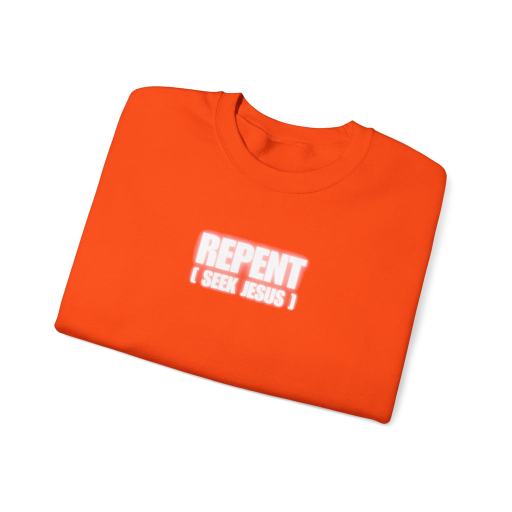Orange crewneck sweater with 'REPENT' front graphic and 'I SEEK JESUS' text