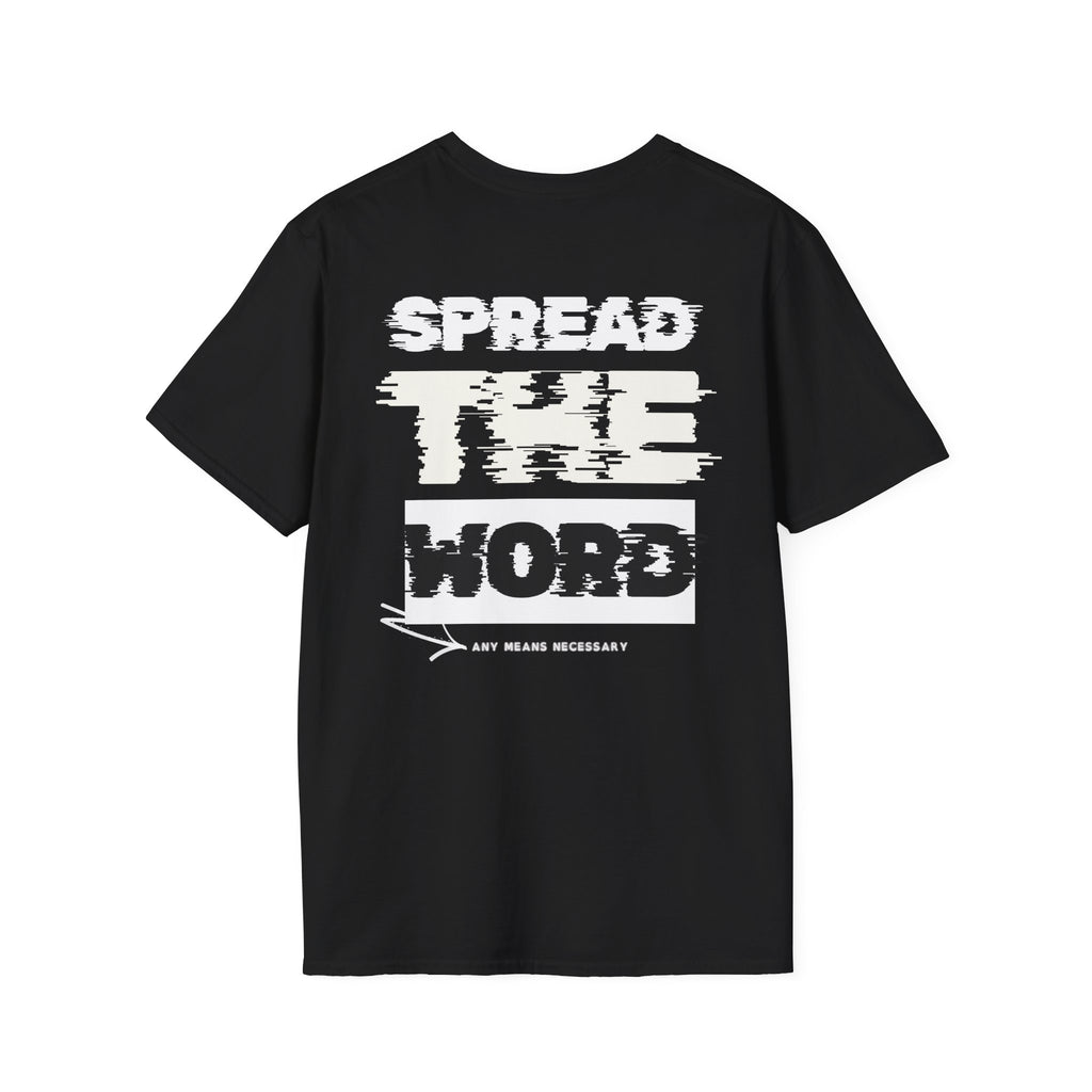 Black T-shirt with large SPREAD THE WORD graphic print